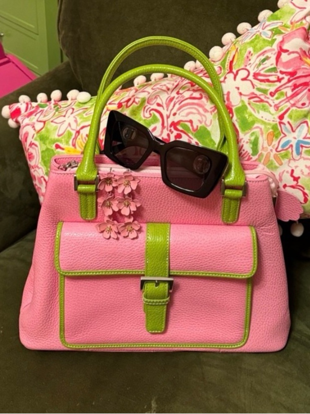 🦩🌴Pink and Lime Two-Tone Leather Top-Handle Bag🦩🌴